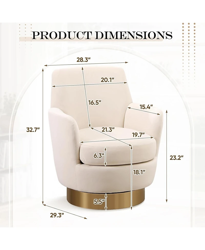 Rainsken 360degree(s) Swivel Barrel Chair, Velvet Upholstered Round Accent Chair with Stainless Steel Base for Living Room, Read Room - (1Piece).
