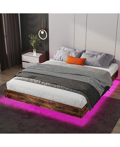 Lucky One Floating Bed Frame with Led Lights, Heavy Duty Metal Platform