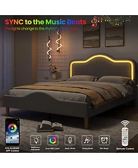 Homfan Kids Led Upholstered Bed Frame with Adjustable Headboard & Footboard, Sturdy Wooden Slats