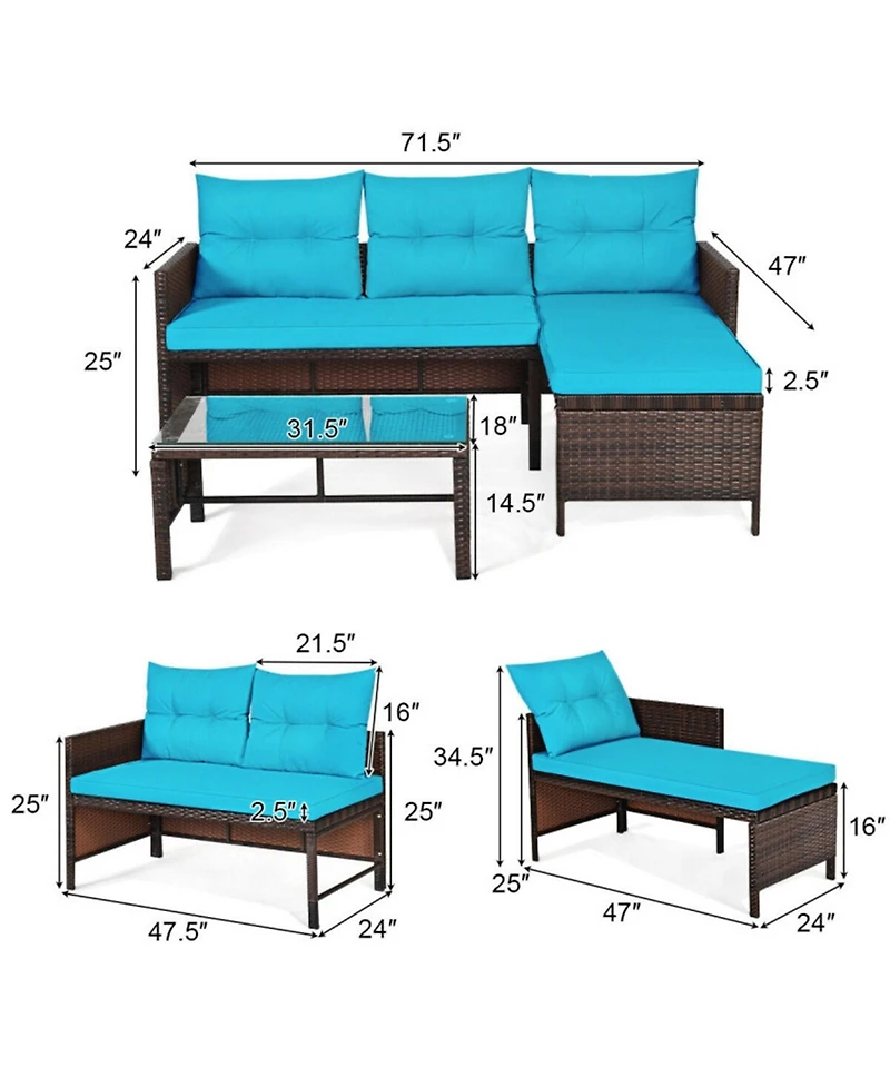 Clihome 3 Pieces Outdoor Patio Corner Rattan Sofa Set with Table