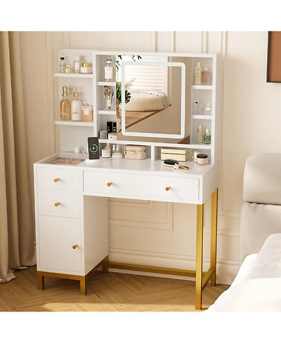 Homfan Modern Vanity Desk with Led Mirror, 3-Color Lighting, Power and Usb Ports, Drawers and Cabinet, Makeup Table for Bedroom