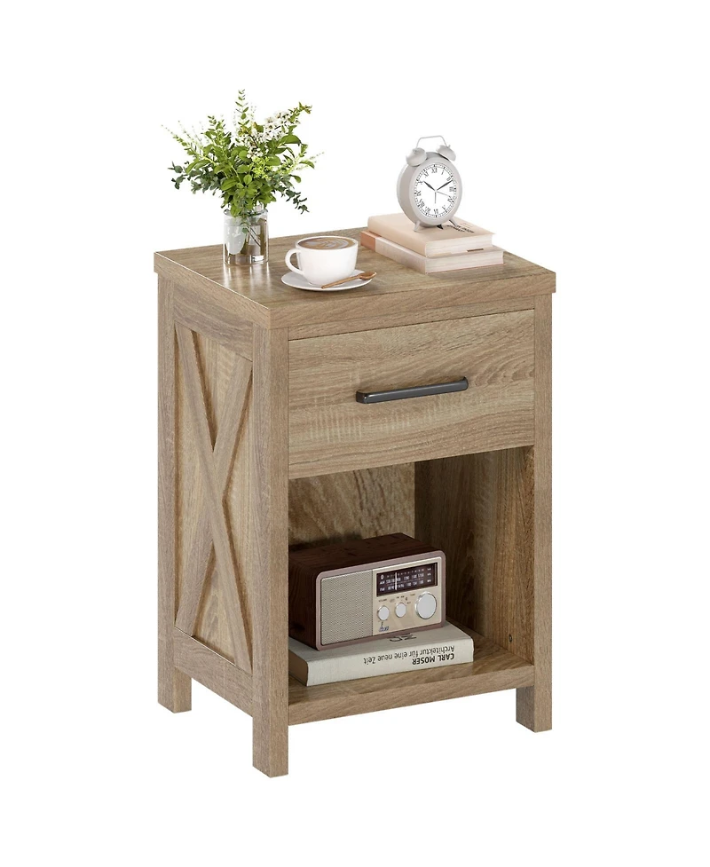 Gouun Farmhouse Nightstand with X-Design Side Panels, Drawer and Shelf