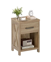 Gouun Farmhouse Nightstand with X-Design Side Panels, Drawer and Shelf