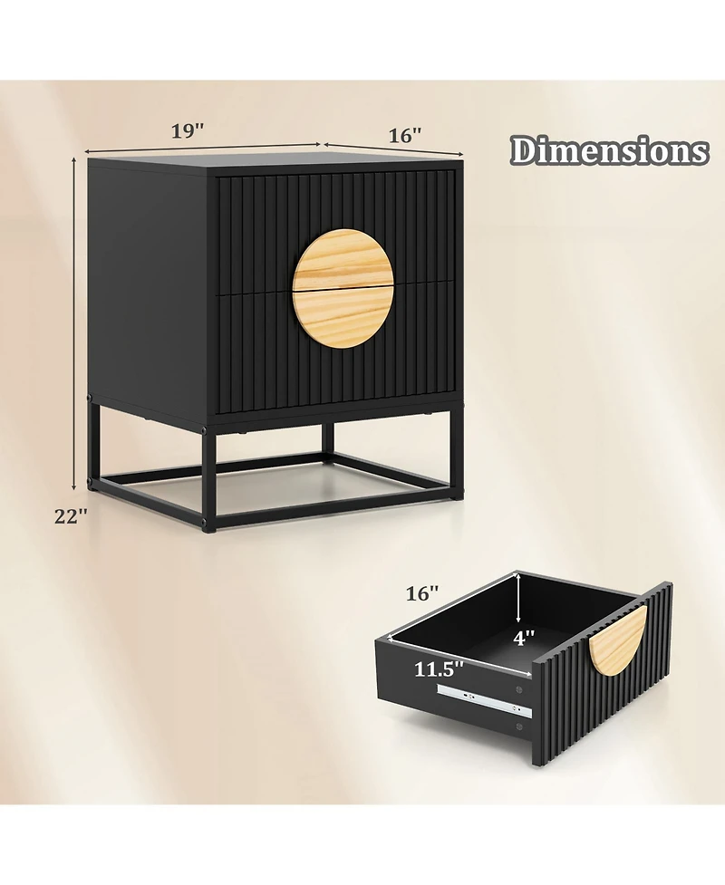 Gouun Mid-Century Fluted Nightstand with 2 Drawers and Pine Wood Handles