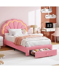 gaomon Upholstered Led Bed Frame with Storage Drawer and Adjustable Chic Headboard, Berber Fleece Princess Platform for Kids