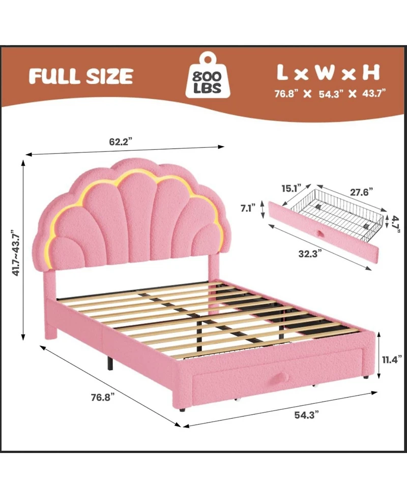 gaomon Upholstered Led Bed Frame with Storage Drawer and Adjustable Chic Headboard, Berber Fleece Princess Platform for Kids