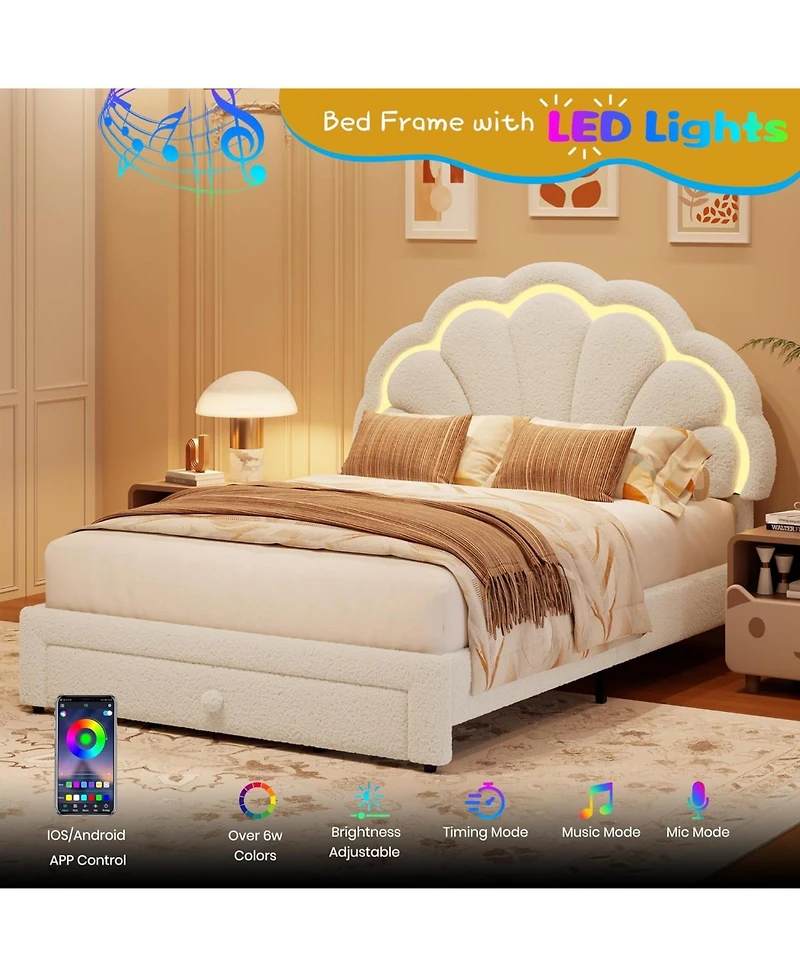 gaomon Upholstered Led Bed Frame with Storage Drawer and Adjustable Chic Headboard, Berber Fleece Princess Platform for Kids