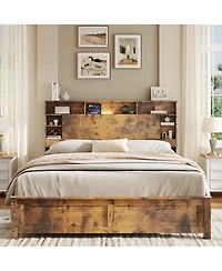 Lucky One Wood Queen Bed Frame with Storage Headboard - Bed Frame Queen Size with Charging Station