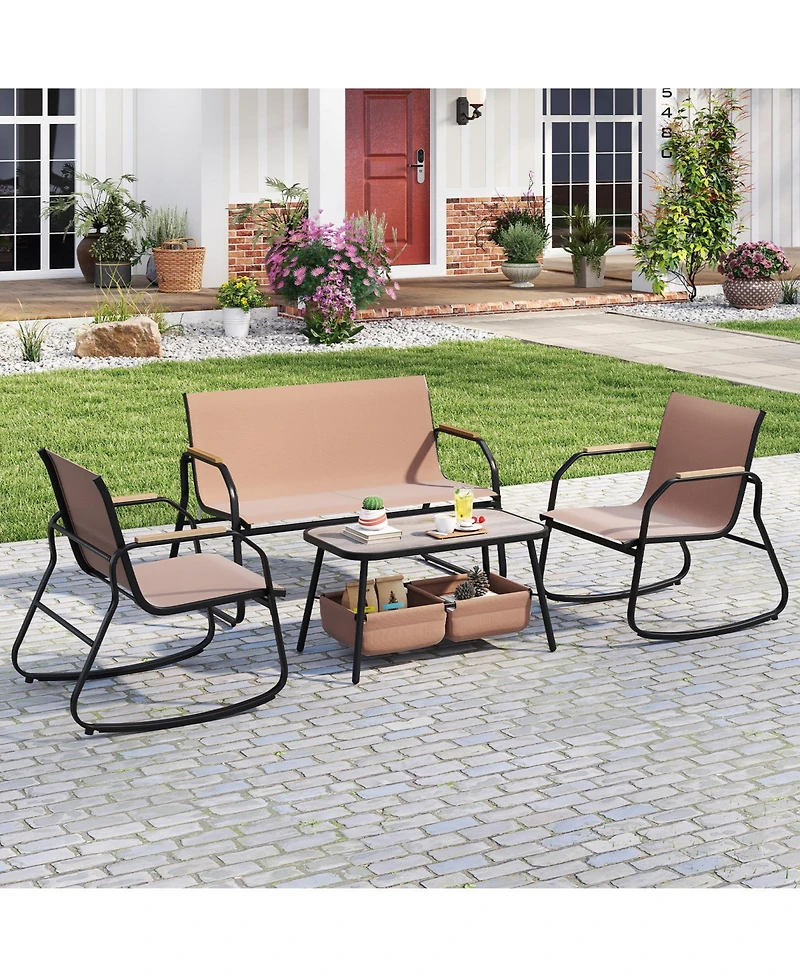 Sugift 4 Pieces Patio Furniture Set with Rocking Bistro Chairs and Breathable Mesh Fabric-Coffee