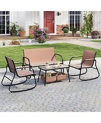 Sugift 4 Pieces Patio Furniture Set with Rocking Bistro Chairs and Breathable Mesh Fabric-Coffee