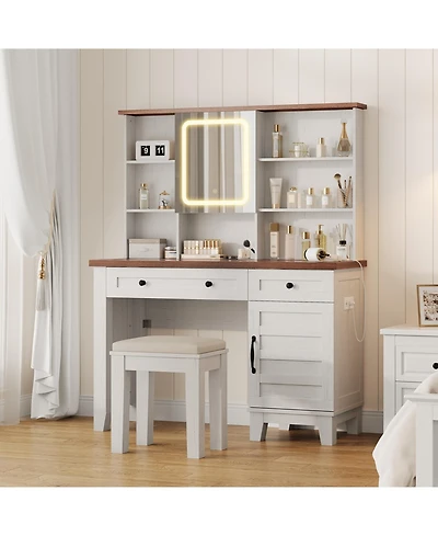 Homfan Farmhouse Makeup Vanity Desk with Lighted Mirror, Glass Top, Power Outlet, Upholstered Stool, Storage Drawers and Shelves