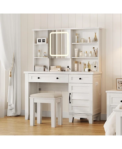 Homfan Farmhouse Makeup Vanity Desk with Lighted Mirror, Glass Top, Power Outlet, Upholstered Stool, Storage Drawers and Shelves