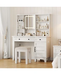 Homfan Farmhouse Makeup Vanity Desk with Lighted Mirror, Glass Top, Power Outlet, Upholstered Stool, Storage Drawers and Shelves