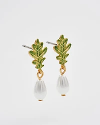 Fable England Oak Leaf Pearl Drop Gold Earrings