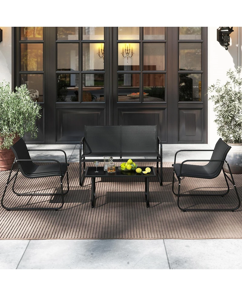 Gouun 4-Piece Patio Fabric Conversation Set with Loveseat and Glass Coffee Table