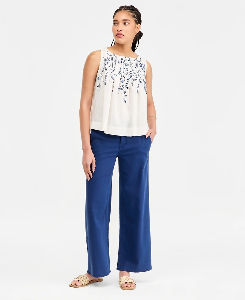 Liverpool Los Angeles Women's Sleeveless Boat-Neck Embroidered Woven Cotton Top