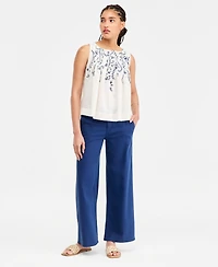 Liverpool Los Angeles Women's Sleeveless Boat-Neck Embroidered Woven Cotton Top