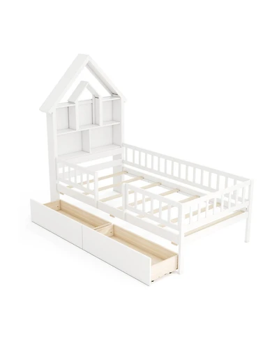 Gouun House Bed Kids Montessori Bed with House-Shaped Storage Headboard
