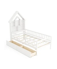 Gouun House Bed Kids Montessori Bed with House-Shaped Storage Headboard
