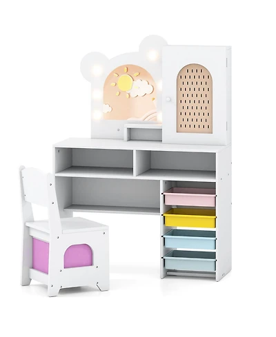 Gouun Kids Vanity Table and Chair Set with Led Lights and 5 Drawers