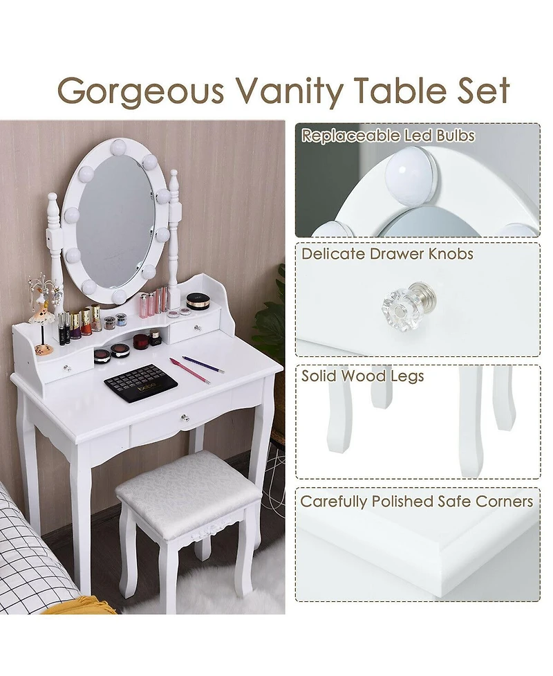 Gouun Oval Mirror Vanity Set with 10 Led Dimmable Bulbs, 3 Drawers and Stool