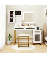Gouun 44 in Makeup Vanity Desk and Stool Set with Lighted Mirror and Charging Station