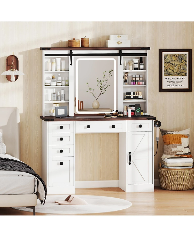 Gouun Farmhouse Vanity Desk with Barn-Style Sliding Mirror and 3 Lighting Modes