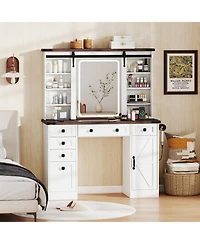 Gouun Farmhouse Vanity Desk with Barn-Style Sliding Mirror and 3 Lighting Modes