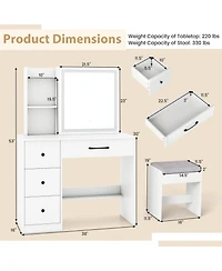 Gouun Vanity Desk with Sliding Mirror, Led Lights, 4 Drawers and Chair Set