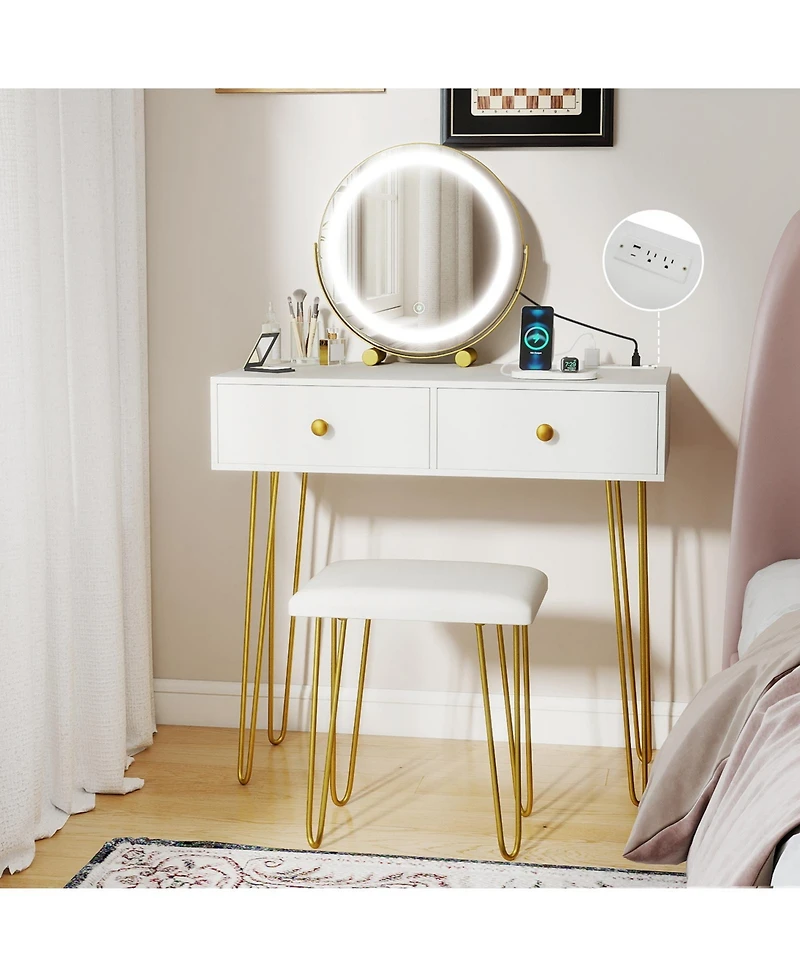 Gouun Vanity Desk with 360-Degree Adjustable Led Mirror, Drawers and Stool