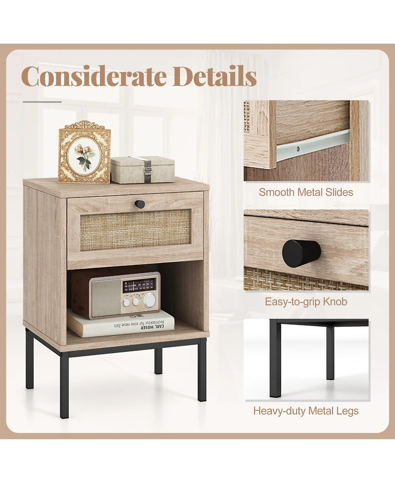 Gouun Rattan Nightstand Set of 2 with Drawer and Open Shelf, Boho End Table