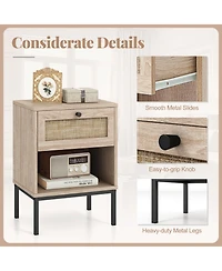 Gouun Rattan Nightstand Set of 2 with Drawer and Open Shelf, Boho End Table