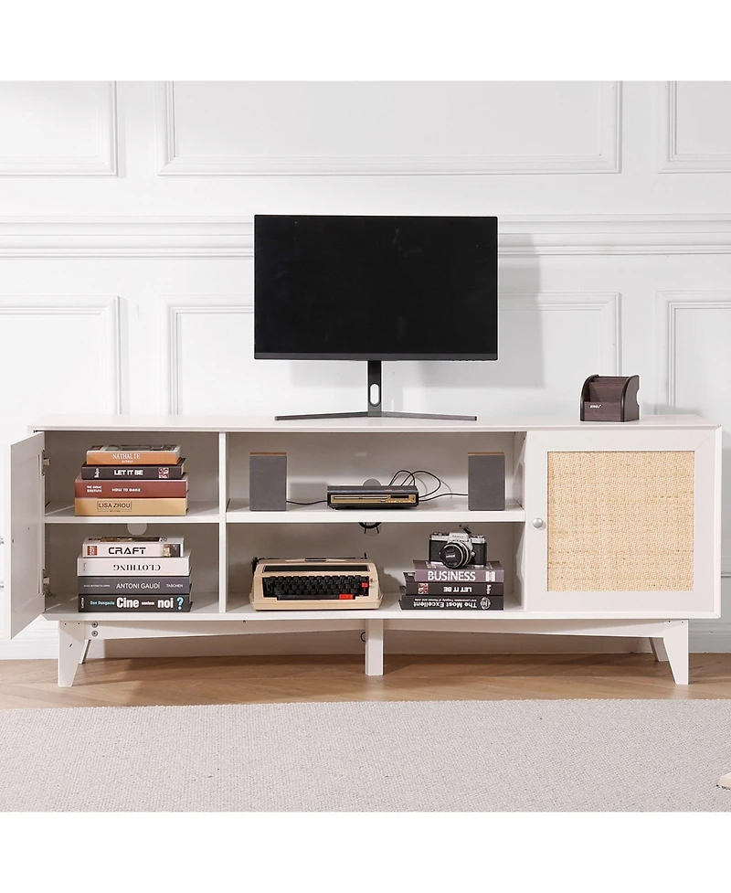 Gouun Boho Rattan Door 66-Inch Tv Stand with Built-In Power Outlets