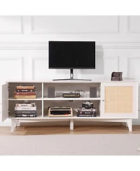 Gouun Boho Rattan Door 66-Inch Tv Stand with Built-In Power Outlets