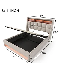 Lucky One Upholstered Platform bed with a Hydraulic Storage System, Led and Usb Charging
