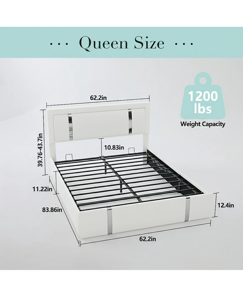 Lucky One Lift Up Storage Bed Frame with Adjustable Led Lights Headboard