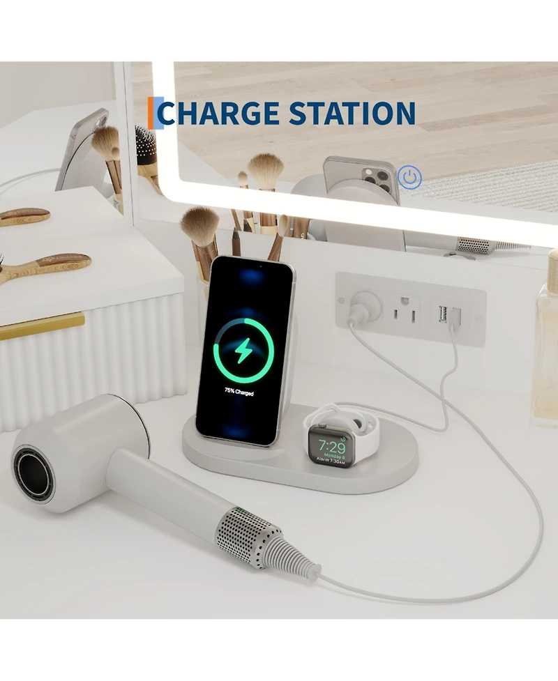 Homfan Corner Vanity, Vanity Desk with Mirror and Lights, Fluted Makeup Table Charging Station, Drawers, Storage Cabinets