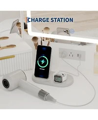 Homfan Corner Vanity, Vanity Desk with Mirror and Lights, Fluted Makeup Table Charging Station, Drawers, Storage Cabinets