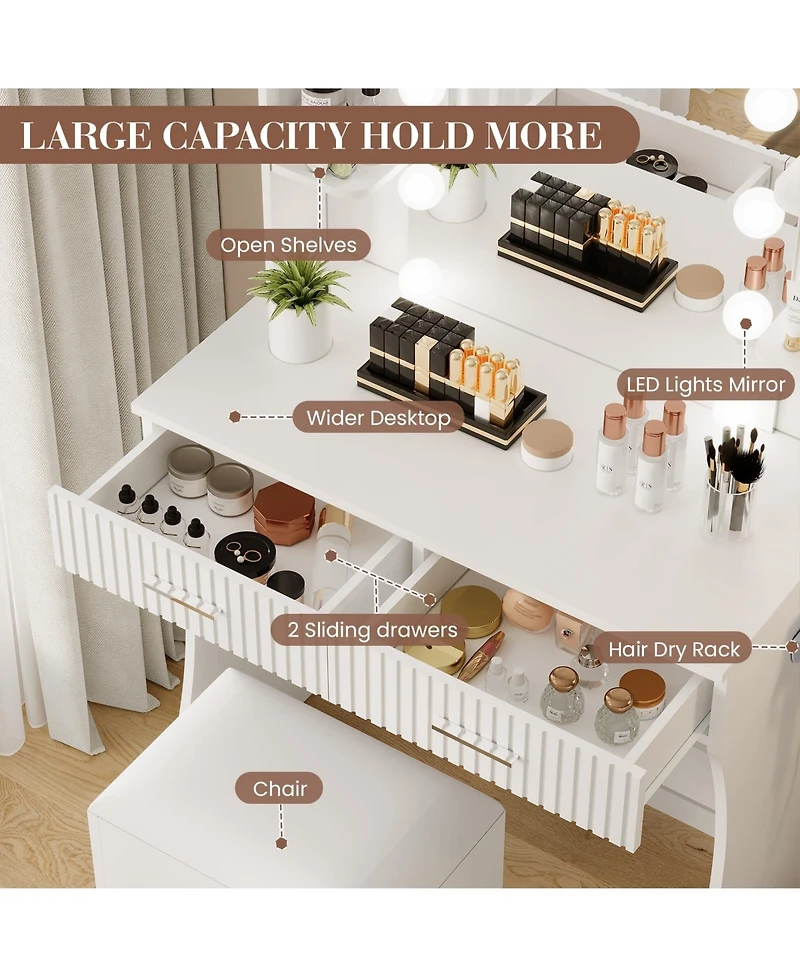 Homfan Makeup Vanity Desk with Mirror 12 Led Lights, Power Outlet, 2 Drawers, 6 Shelves, Hair Dryer Holder and Stool for Bedroom