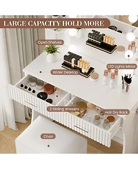 Homfan Makeup Vanity Desk with Mirror 12 Led Lights, Power Outlet, 2 Drawers, 6 Shelves, Hair Dryer Holder and Stool for Bedroom