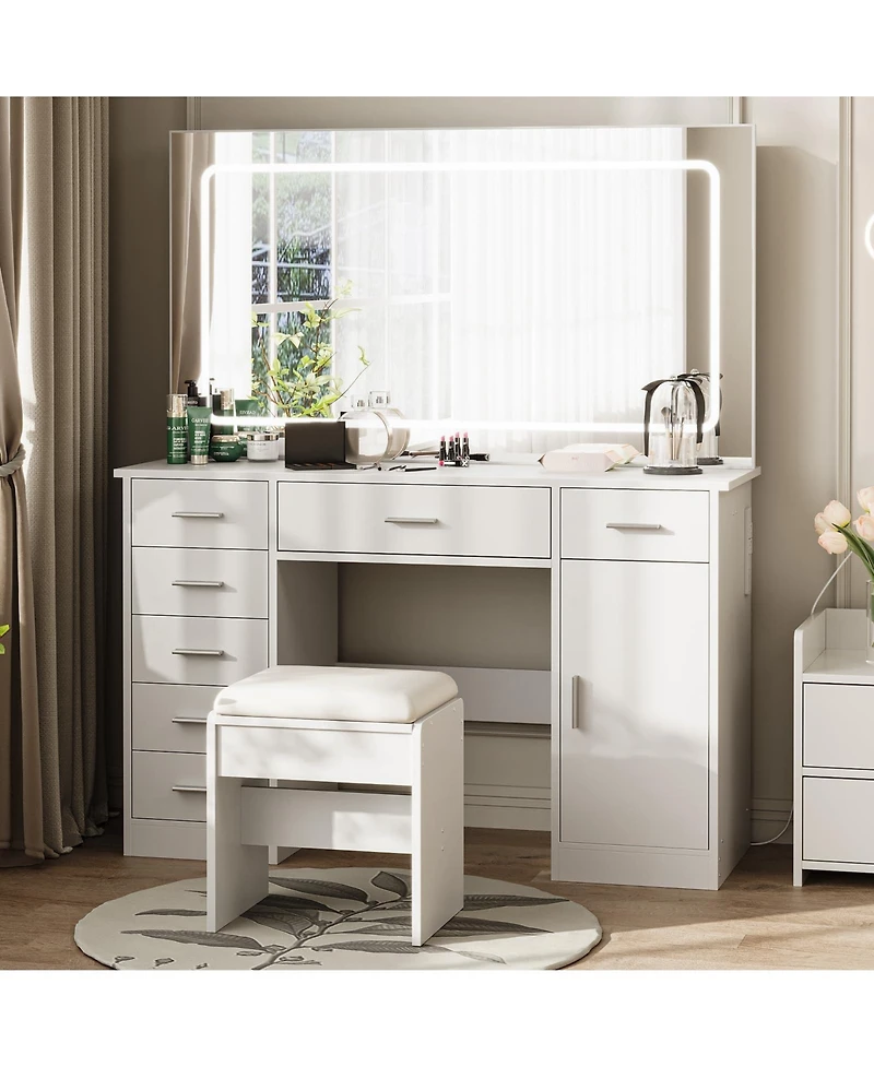 Homfan Makeup Vanity Desk with Large Dimmable Mirror, 7 Drawers and Chair, 3 Lighting Modes, Built-in Charging Station, Hair Dryer Holder