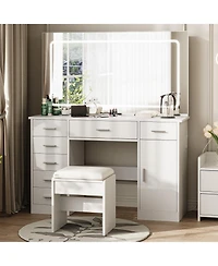 Homfan Makeup Vanity Desk with Large Dimmable Mirror, 7 Drawers and Chair, 3 Lighting Modes, Built-in Charging Station, Hair Dryer Holder