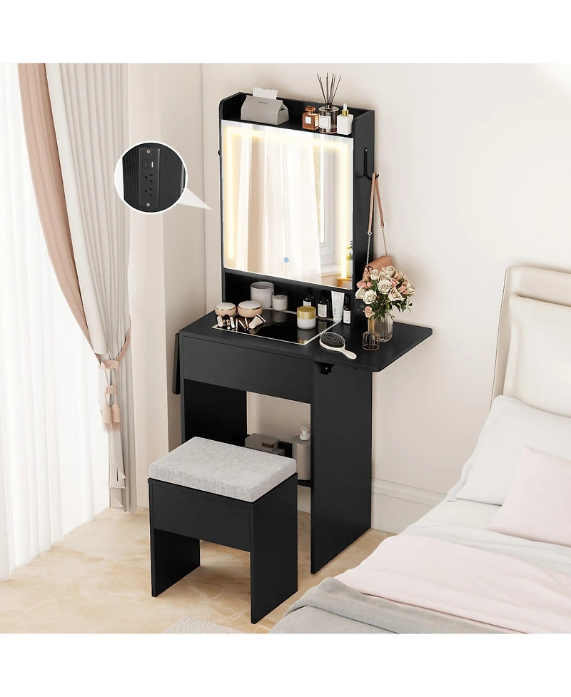 Gouun Space-Saving Vanity Desk with Led Mirror, Drop-Leaf Extension and Stool