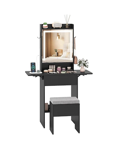 Gouun Space-Saving Vanity Desk with Led Mirror, Drop-Leaf Extension and Stool