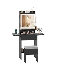 Gouun Space-Saving Vanity Desk with Led Mirror, Drop-Leaf Extension and Stool