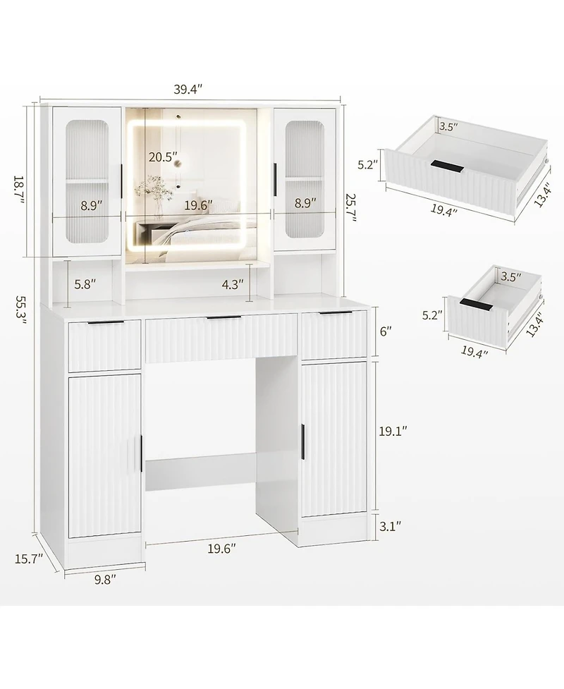 Homfan Vanity Desk with Mirror and Adjustable Led Lights, 2 Glass Cabinets, Spacious 3 Wavy Drawers, Makeup Dressing Table for Bedroom