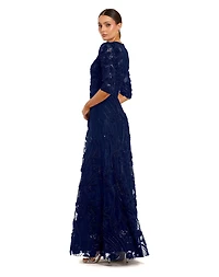 Mac Duggal Petite High Neck Embellished Lace Gown with 3/4 Sleeves
