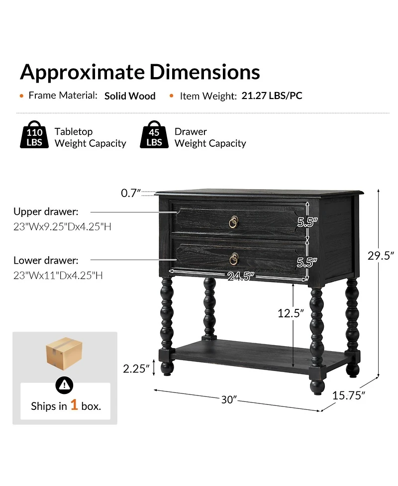 Hulala Home Aristidh Traditional 30"Tall Solid Wood 2-Drawer End Table with Built-in Charging Outlets