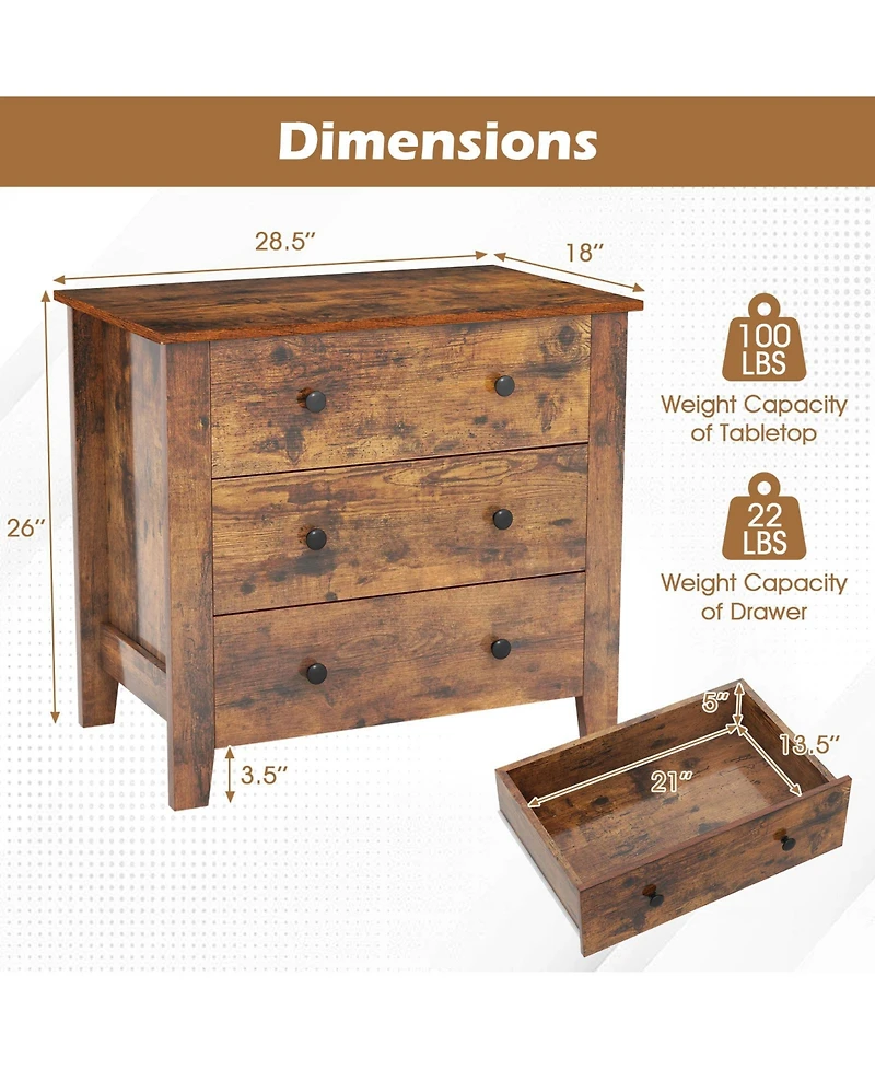 Gymax 3-Drawer Dresser 28.5'' Wide Chest of Drawers Modern Large Nightstand for Bedroom
