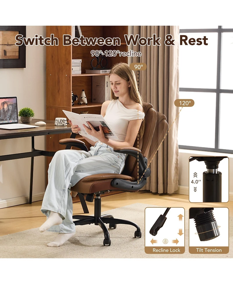 FlynamaLeather Ergonomic Chair, Flip-Up Arms Rocking Office Chair
